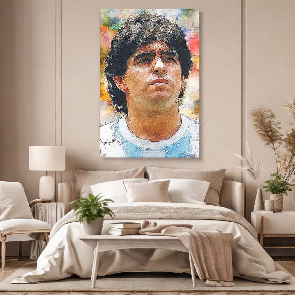 Tablou canvas cu tablou canvas cu diego maradona, fara rama, pe sasiu de lemn, pe perete intr-un dormitor